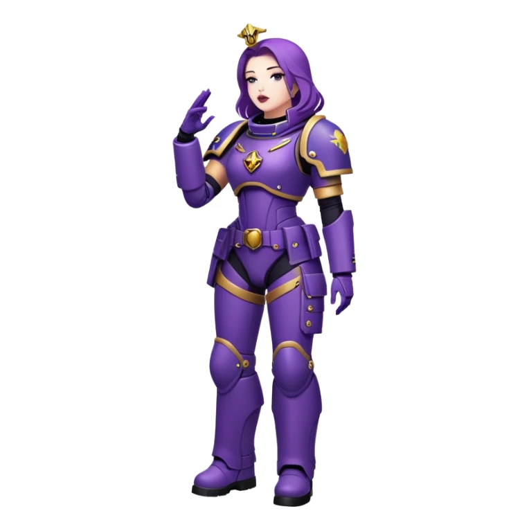 Stunning woman in purple , space marine, full body forward-fashion pose, sending air kiss sticker