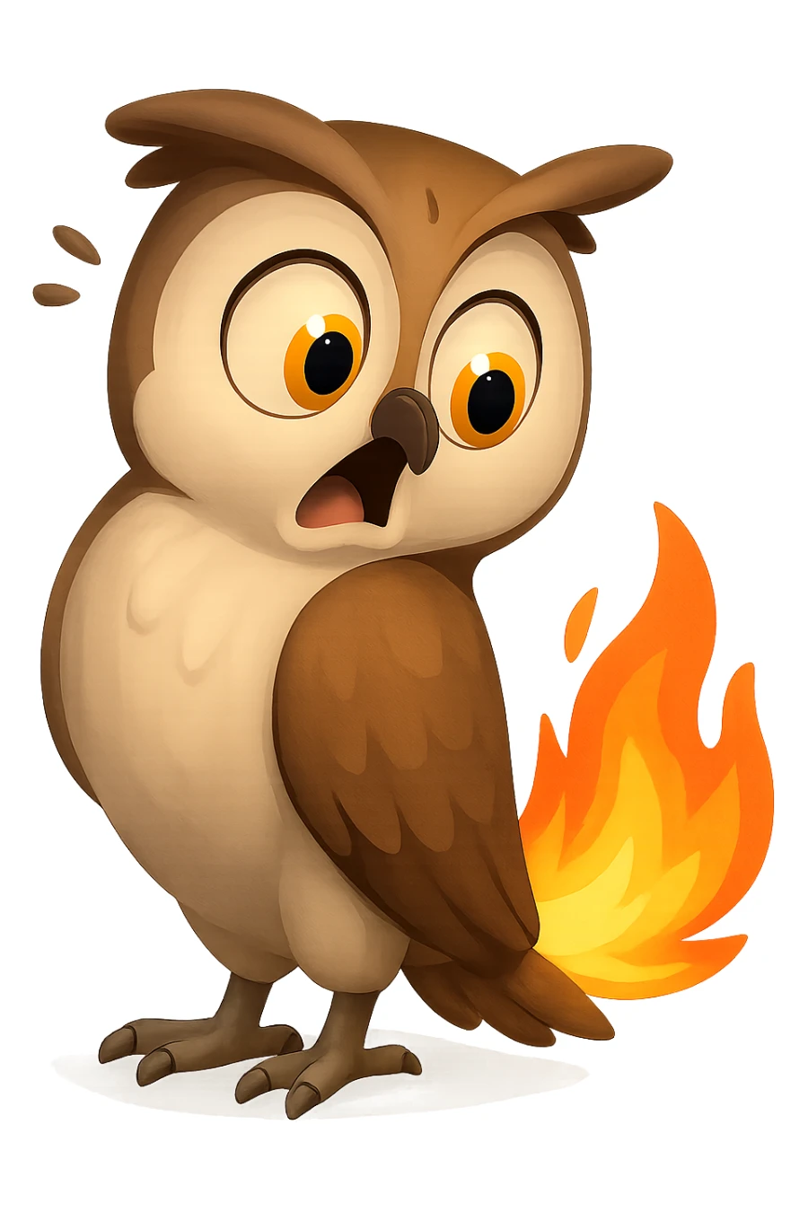 В стилистике эмоджи сгенерируй сову, она удивленно смотрит на свой хвост, который прямо сейчас горит, прозрачный фон sticker