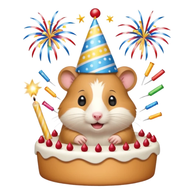 A hamster celebrating a birthday by throwing fireworks in front of a cake. sticker