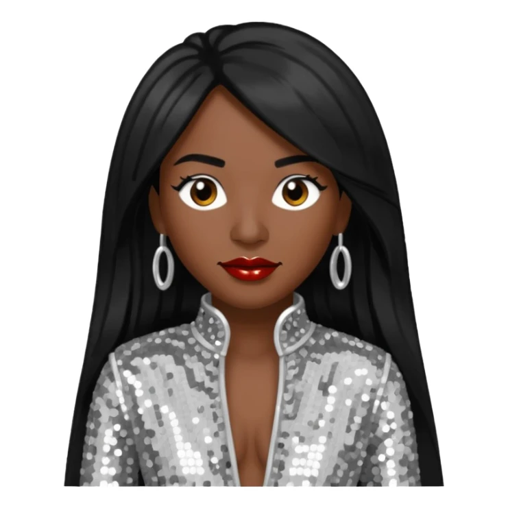 Chilli from TLC with dark skin, long black hair, silver outfit sticker