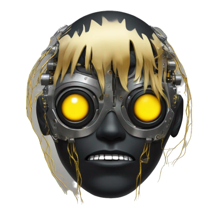 black metal male cyborg head with artificial eyeball, circuitry and wispy yellow gold hair sticker