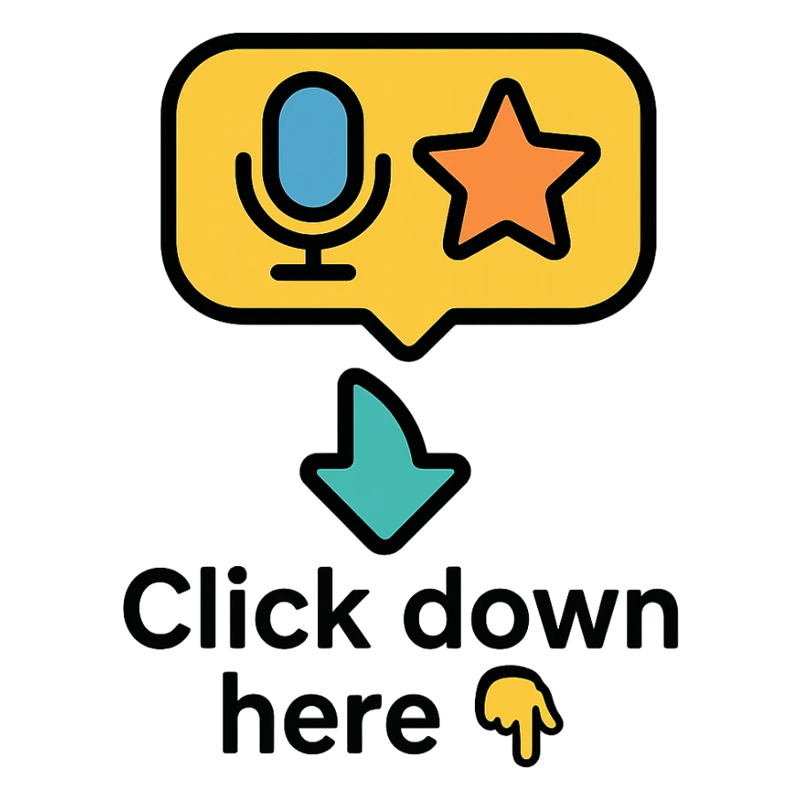 colorful icon showing a chat bubble with a microphone and a star, representing ChatGPT for speaking and scoring, with a playful arrow pointing down and the text: 'Click down here 👇' in a friendly, modern style sticker