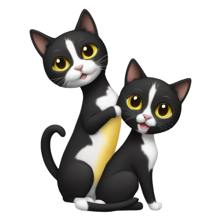 A black female cat with a yellow and white male cat playing sticker