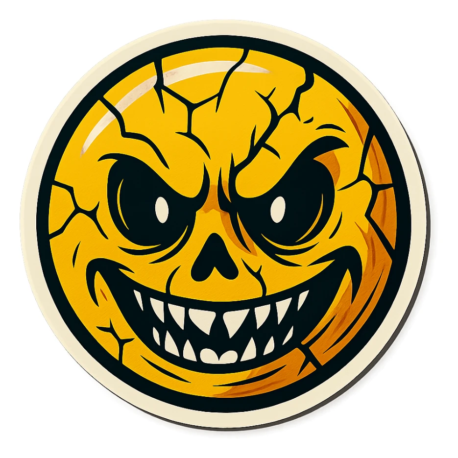 creepy scary emoji with cracks, retro stickers style, sharp black outlines, expressive shadows and highlights, no gradients, only sharp color transitions sticker