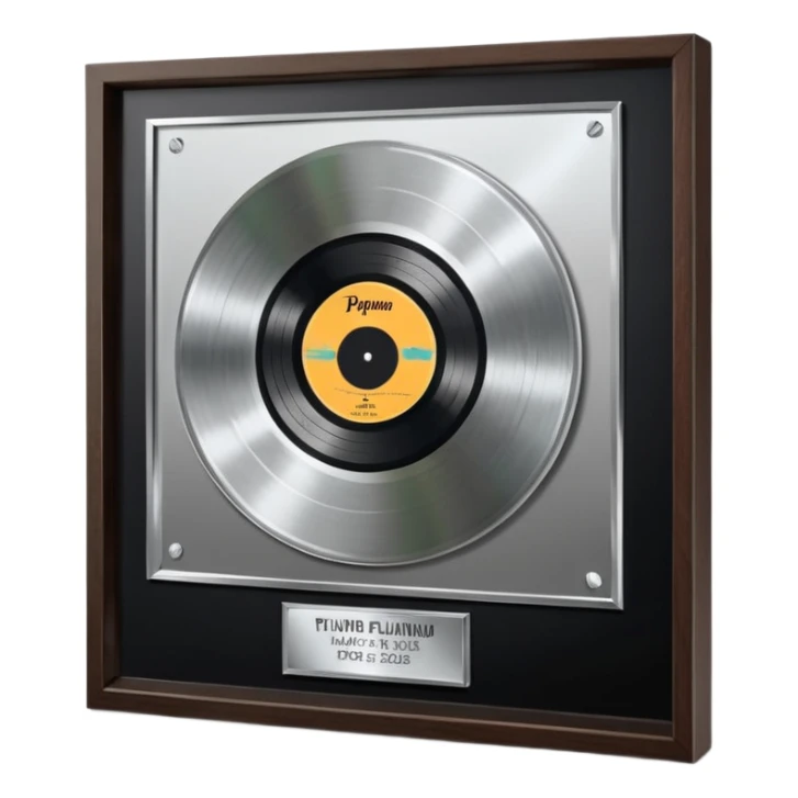A platinum music award plaque: a square, polished platinum plate with a subtly textured, mirror-like finish, mounted on a simple dark wood base. The center features a relief of a or stylized vinyl record in a slightly darker metallic tone.  sticker