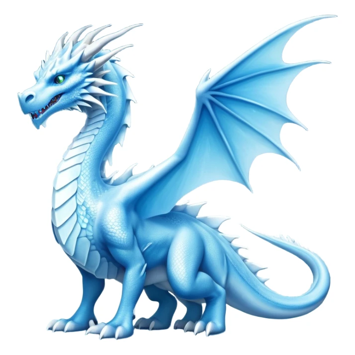 Cinematic Noble wise elegant Ice Dragon full body  Emoji, Poised and imposing, distinct long elegant snout, with a slender, scaled body shimmering in glacial hues of icy blue, frostbitten silver, and crystalline white, breathing out frost, with piercing, glowing ice blue white eyes that radiate the chilling depths of an arctic storm; rendered in detail. excuding wisdom sticker