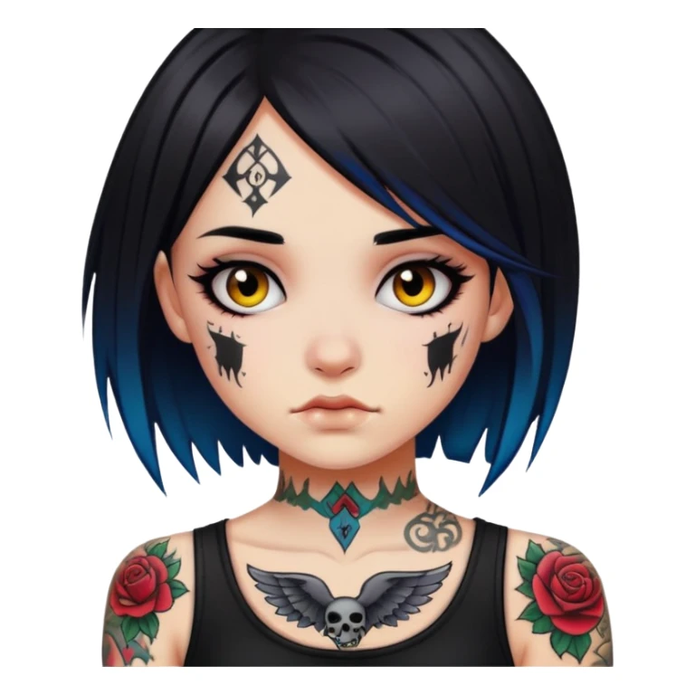 Emo Girl with dark hair and bright skin, some tattoo sticker