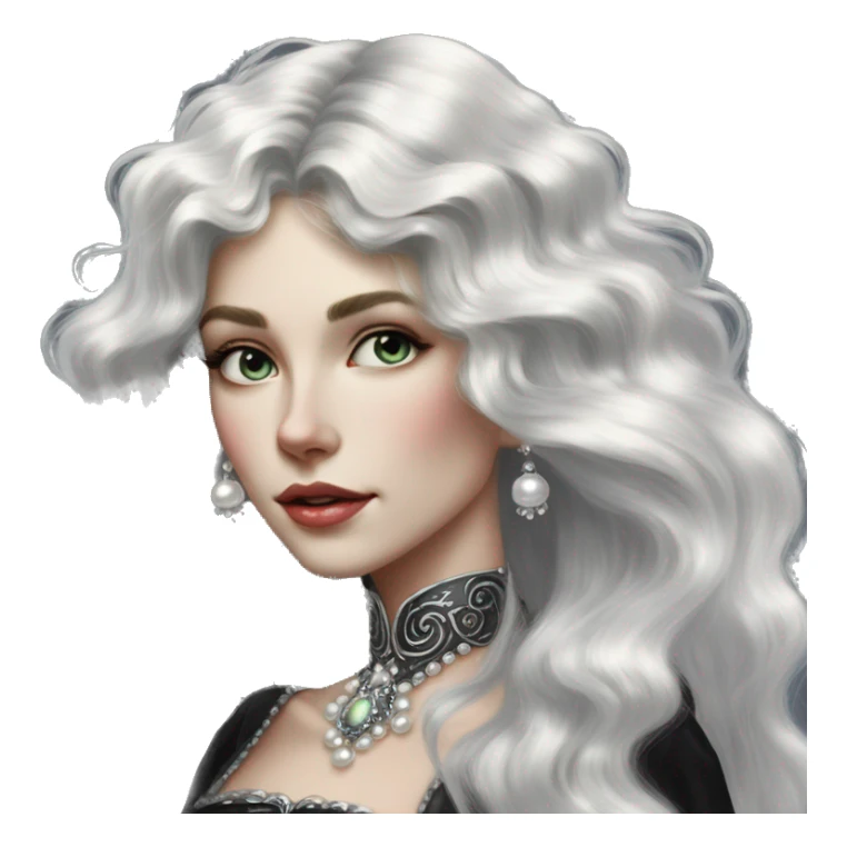 Regal pretty slender woman photograph defined cheekbones high cheekbones crown vintage with very long iridescent black and silver hair wavy long hair pearl crown iridescent sticker