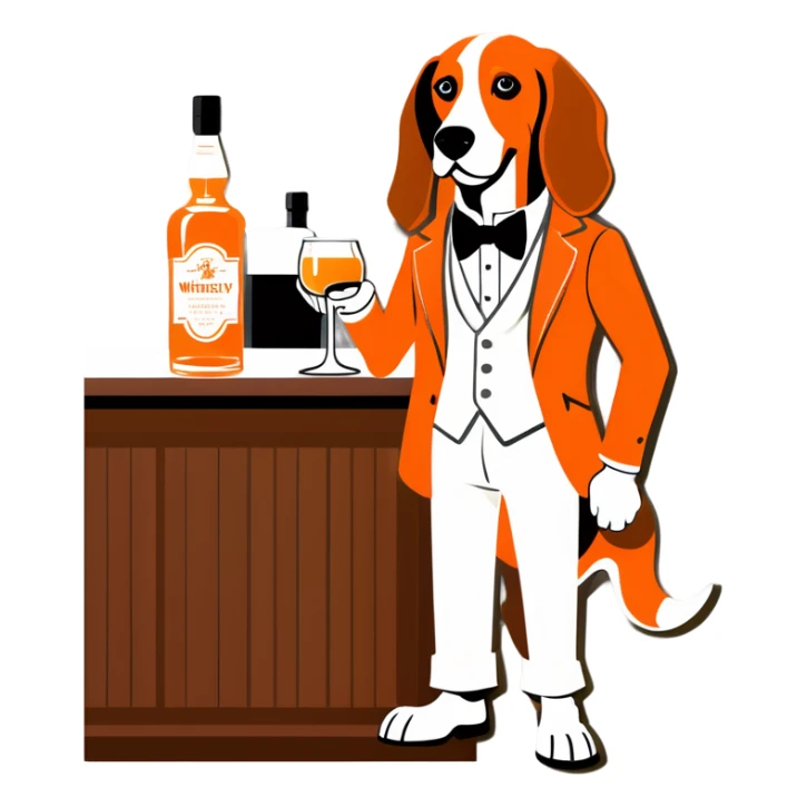Hound dog in tangerine and white clothes at a whiskey bar sticker