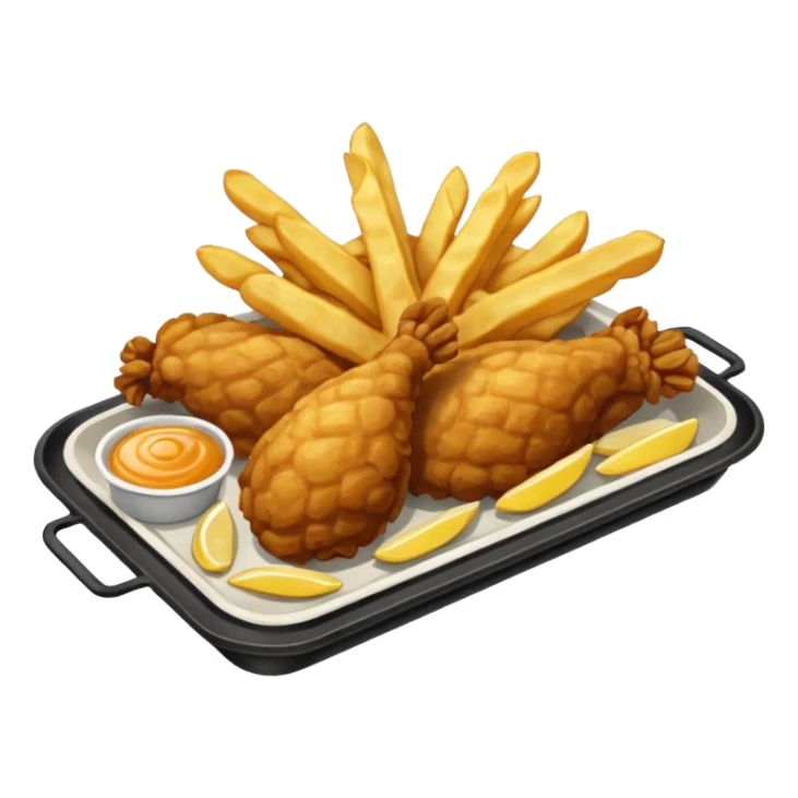 Piezas de pollo frito y papas fritas en baston sobre una bandeja rectangular plateada que contiene papel con patrón de cuadros blancos y negros  sticker