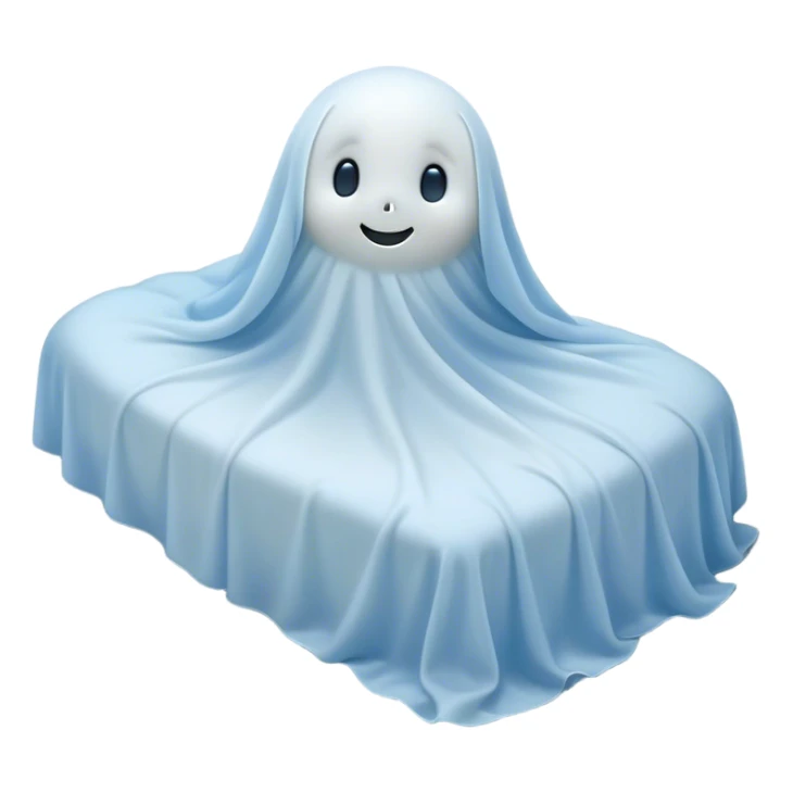 An adorable, peacefully floating sheet-like ghost in gentle pastel whites and blues, its soft, rounded form loosely draped, head resting with closed, serene sparkling eyes and a tiny, contented smile, simplified yet irresistibly charming, highly detailed, with a soft glowing outline that captures the essence of a sleepy, endearing spirit wrapped in cozy slumber! sticker