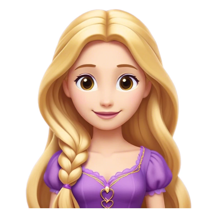 Cinematic Radiant Rapunzel Portrait Emoji, rendered in a flat vector style with clean proportions. Show Rapunzel with a gentle smile, fair, glowing skin, and her iconic long golden hair cascading softly, wearing a simple, elegant purple dress. The image radiates a warm, enchanting glow, high shine, and is accentuated by a soft glowing outline. sticker