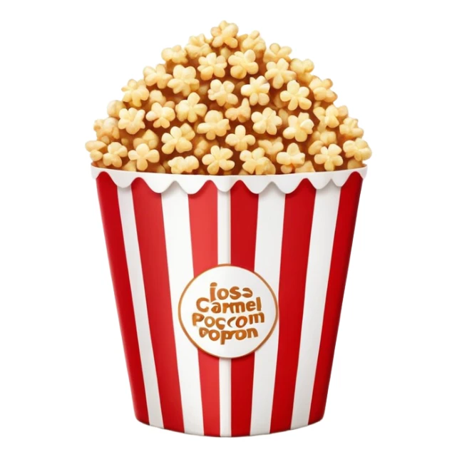 minimal caramel popcorn package, red and white stripes, simplified shapes, essential elements only, few popcorn pieces, Apple emoji style sticker