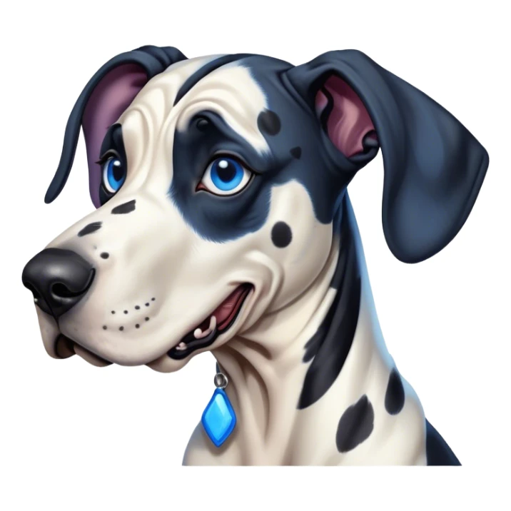 Cinematic Comical Harlequin Great Dane Portrait Emoji, Head tilted dramatically with an exaggeratedly shocked or amused expression, featuring a striking coat of predominantly white with vivid black patches, wide, expressive blue eyes filled with playful disbelief, Simplified yet hilariously expressive features, highly detailed, glowing with a slightly sassy glow, high shine, dramatic yet playful, stylized with an air of cheeky charm, bright and endearing, soft glowing outline, capturing the essence of a spirited and over-the-top guardian, so meme-worthy it feels like it could side-eye its way into internet fame instantly! sticker
