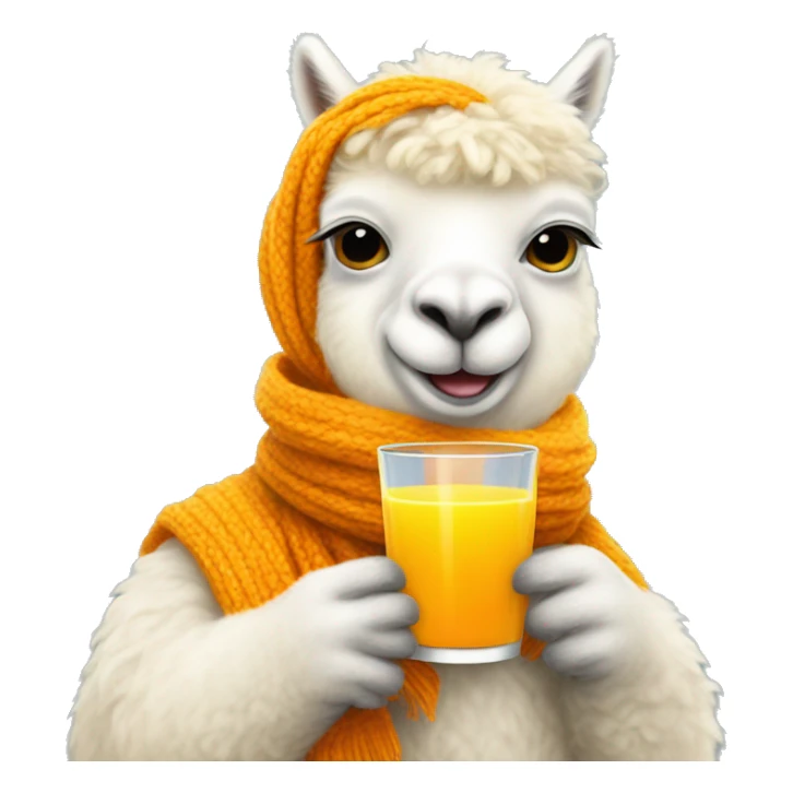 White alpaca wearing a yellow scarf and his drinking orange juice sticker