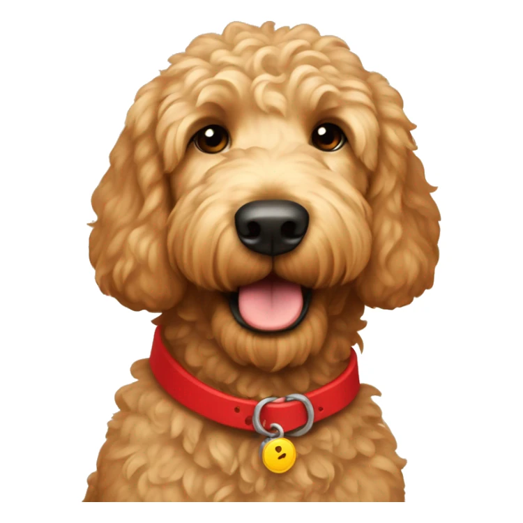 light brown golden doodle wearing a red collar sticker