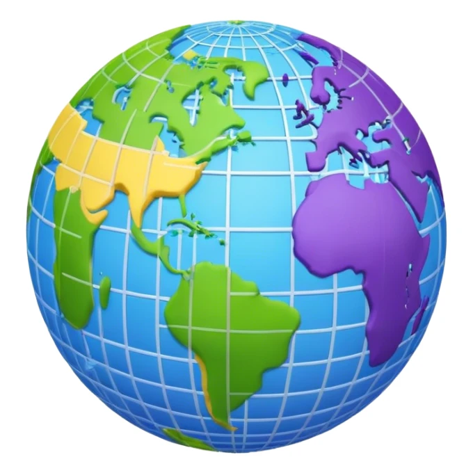 Emoji of planet Earth in a grid pattern, using blue, purple, yellow, and green. Clean, modern, and minimalistic sticker