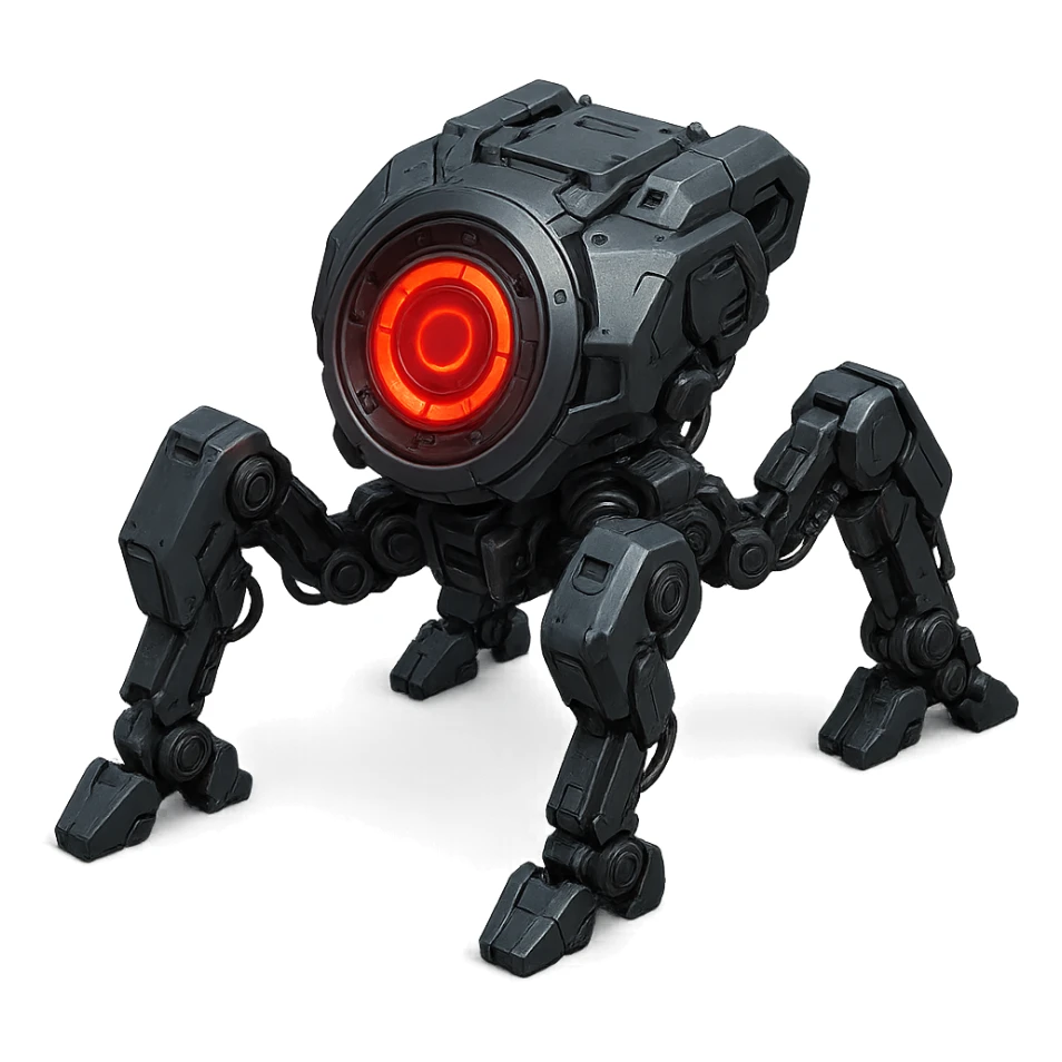 high-tech device with four robotic legs and a central red glowing circle, advanced technology look, sci-fi style sticker