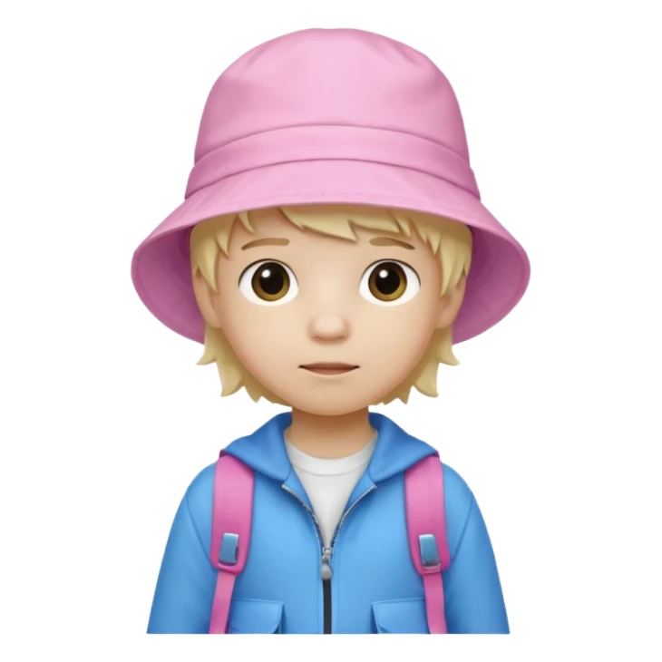 A little boy student white skin, blonde hair, with pink bucket hat, white jacket, blue backpack sticker