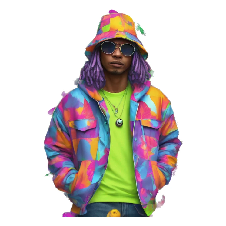 Multicoloured neon person smoking wearing patchwork patterned hippie groovy retro hoodie dancing hip hop bucket hat tropical Skater fashion aesthetic baggy clothes graphic t shirt 420 sticker