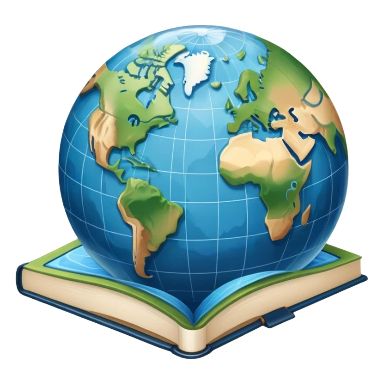 an icon featuring an earth with atitude and longitude lines, a textbook, and a topographic map, symbolizing geography as a science. The design includes a compass, mountain ranges, and rivers, representing the study of Earth's features and landscapes. Transparent background highlights geography. sticker