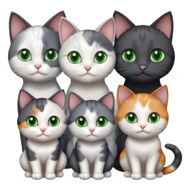 3 different coloured small cats including a dark grey and white, and a patchy calico and a completely solid dark grey with green eyes and only white paws sticker