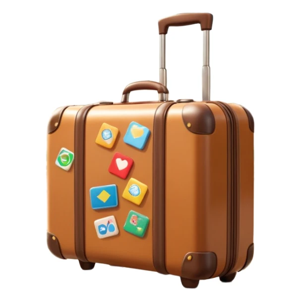 A 3D cartoon suitcase placed on the ground with travel stickers, soft sunlight, warm tone, realistic Memoji-style design. sticker
