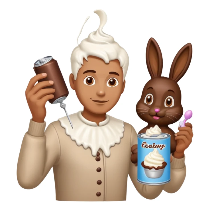Man putting whip cream from a can on a chocolate Easter bunny  sticker
