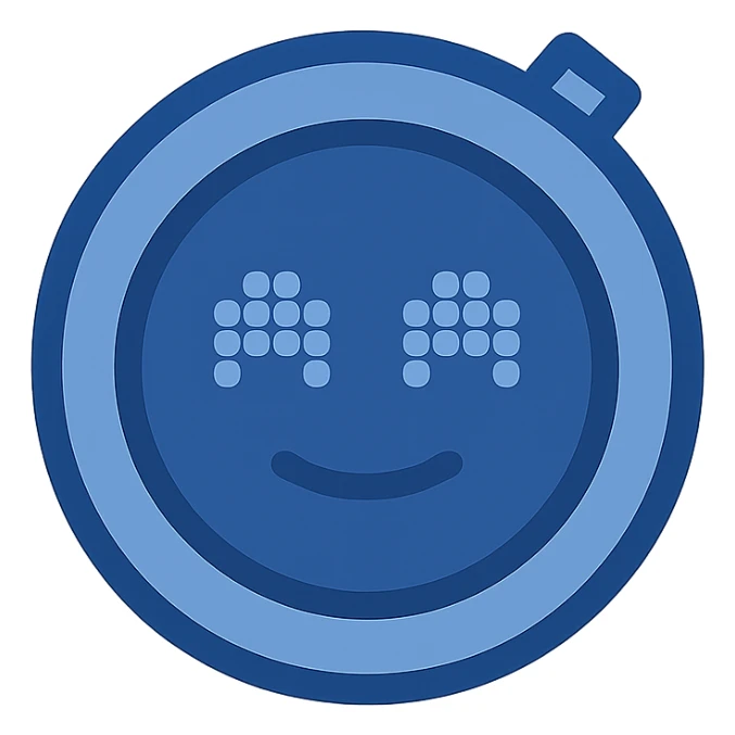 Create a minimalistic, flat blue icon of the Main Assembly robot character focusing on the floating head only, no limbs or body. Use almost exclusively shades of blue with clean and simple lines, a stylized round blue head with a digital face. Prioritize clarity and recognizability with minimal use of other colors and a fully transparent background. sticker