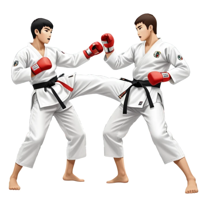 Two taekwondo fighters in traditional white doboks with black belts. One delivers a powerful kick, while the other defends by blocking with his knee. The background shows a professional arena with bright lights and an excited crowd. Transparent background highlights the intense action sticker
