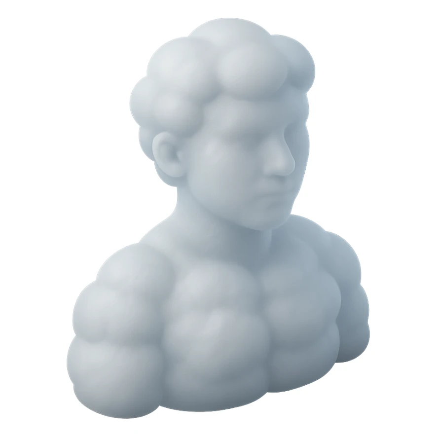 person looking straight, fully made of white fluffy convex clouds, shoulder up, matte glass style sticker