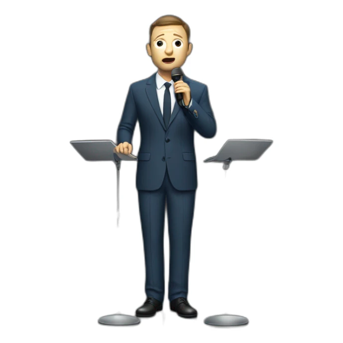 tim robinson in suit singing into microphone stand holding stand (full body, ios17, sad) sticker