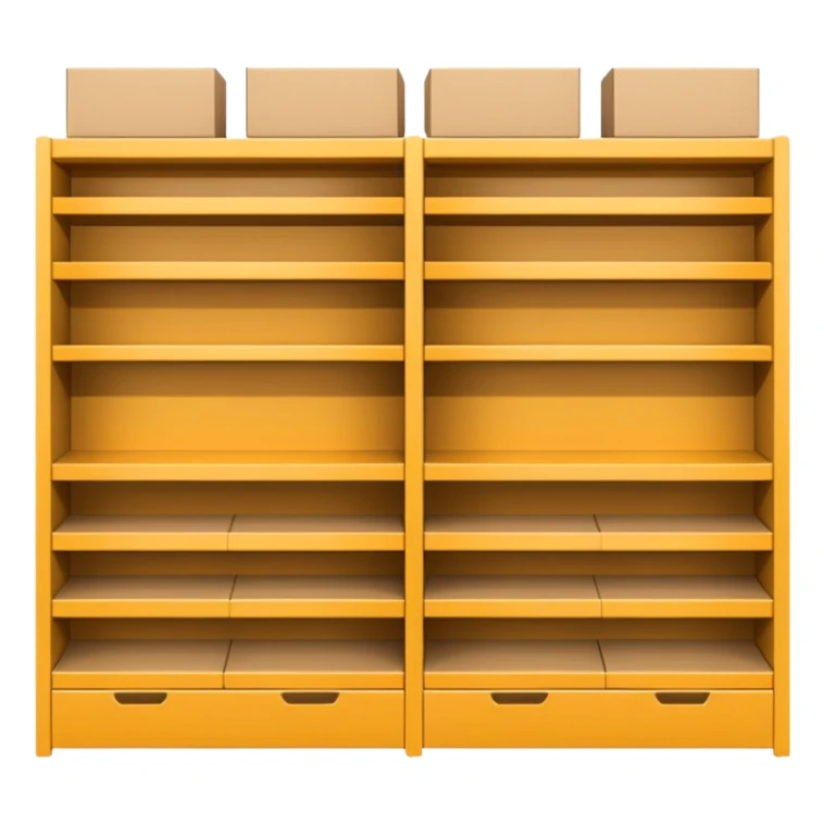 "Minimalist Japanese retail shelf display, products arranged in identical horizontal rows, with multiple units of each item placed directly behind one another, vertically varied by type, clean spacing, precise symmetry, soft neutral lighting, front-facing packages, ultra-detailed." sticker