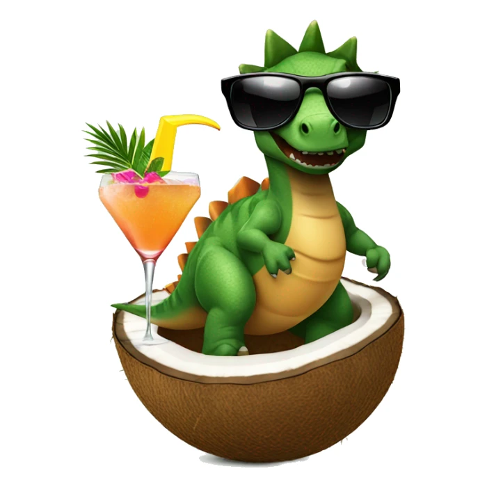 Dinosaur in a coconut bra and sunglasses with a tropical cocktail sticker