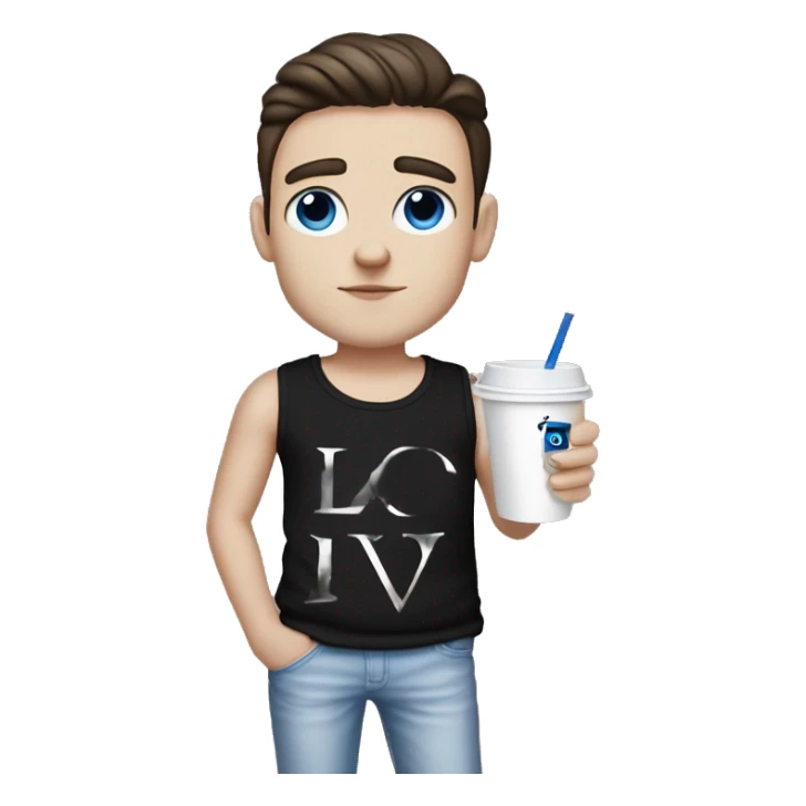 white boy with blues eyes and dark eyebrows wearing a black tanktop with dior written on it, he’s got a lv bag on his hand and a cup of iced coffe on the other sticker
