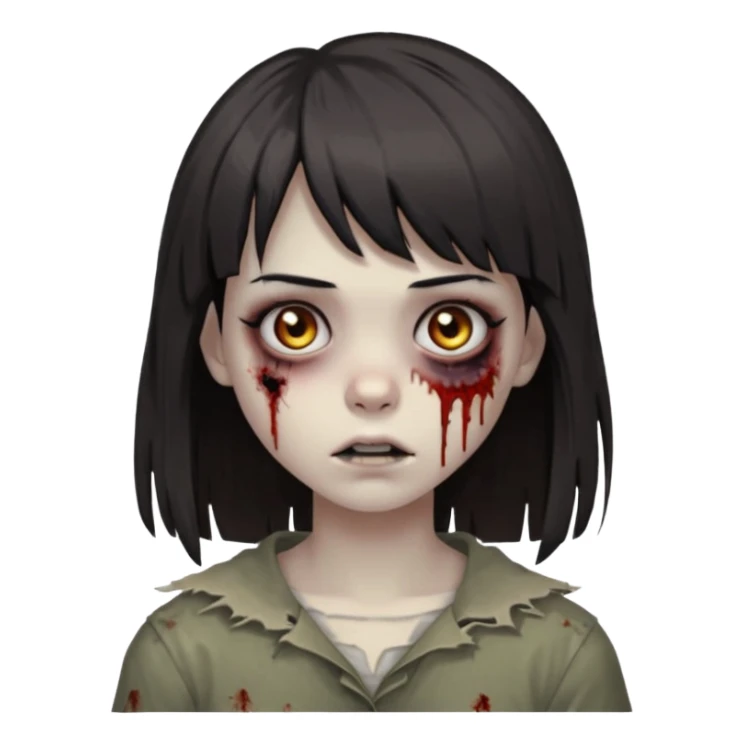 zombie 🧟‍♀️+👩🏻= girl dark hair long her shoulders bangs and ragged haircut gray eyes sticker