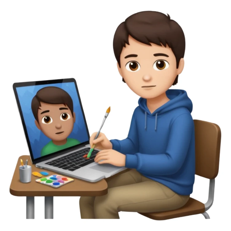 boy working in Macbook, he is graphic designer and paint artist, he seat front side and hair dark brown color sticker