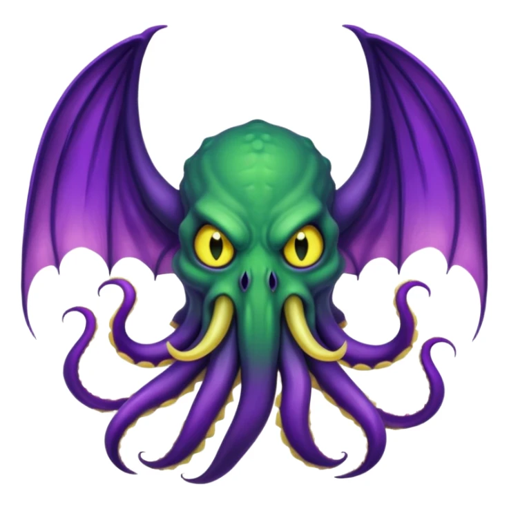 deep green Cthulhu with purple bat wings and purple gradient tentacles. Yellow angry eyes. yellow suckers on tentacles. dramatic ominous shading. two saber-teeth sticker