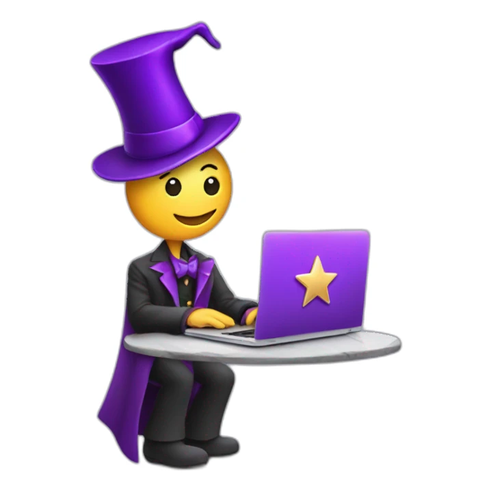 magician with a purple magic hat with a star working on a macbook sticker