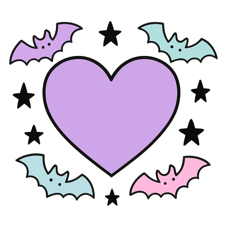 pastel goth heart with pastel bats and black stars ,remove background sticker
