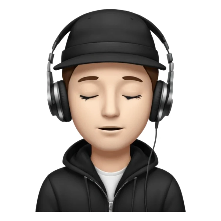 dj man white with baseball cap - rayban glasses - brown hair - closed eyes with headphones on with musical note over head (listening to music ) - eyes closed no glasses - black hat  musical notes floating around head - NO GLASSES sticker