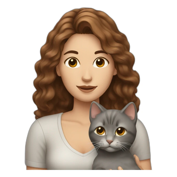 A woman with wavy brown hair holding a grey cat sticker