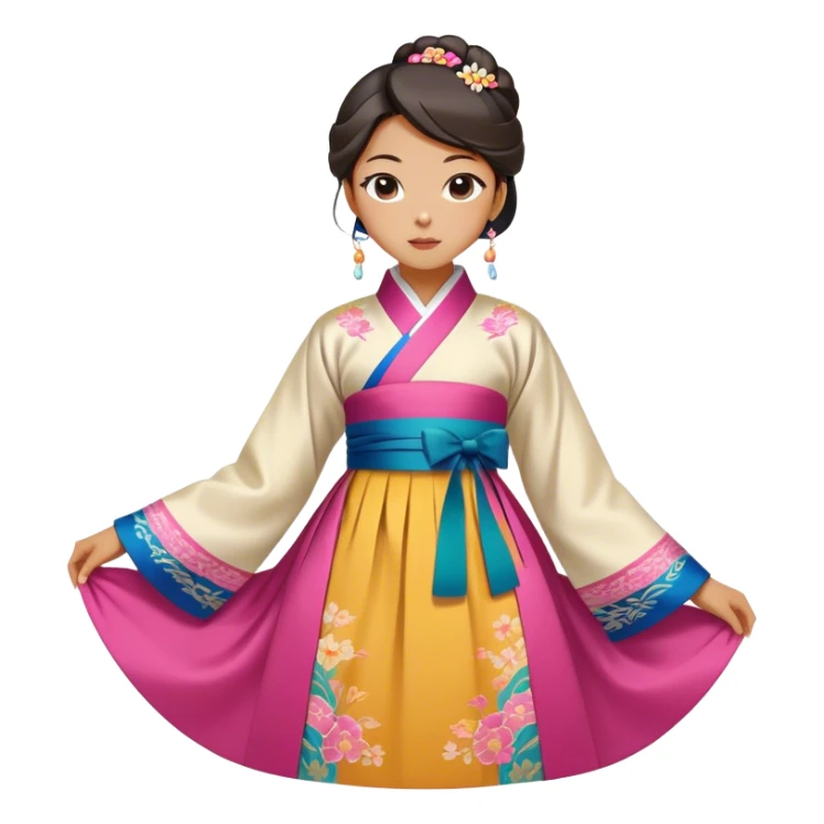 Cinematic Realistic Hanbok Emoji, depicted as a graceful intricately designed traditional Korean dress with vibrant colors and flowing lines, rendered with delicate textures and soft cultural lighting that captures its timeless elegance. sticker