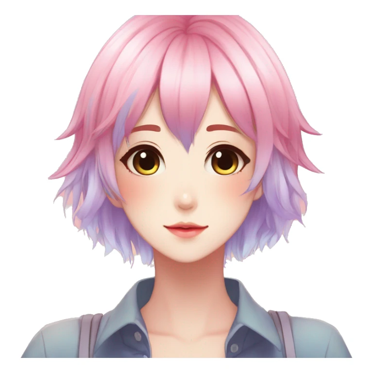 Gorgeous anime style shojo character with blushing face aesthetic and pretty colorful shiny gradient pastel hair with hair garment trending style sticker