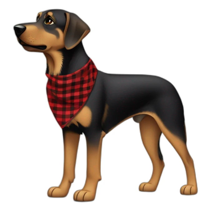 75% Coonhound 25% German Shepherd mix dog wearing small pointed red buffalo plaid bandana side view full body facing left sticker