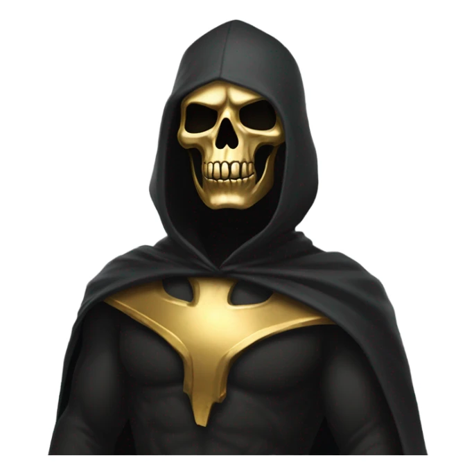 Bounty Hunter Boss with black cape and a gold skull jaw mask from death Stranding, full body view sticker