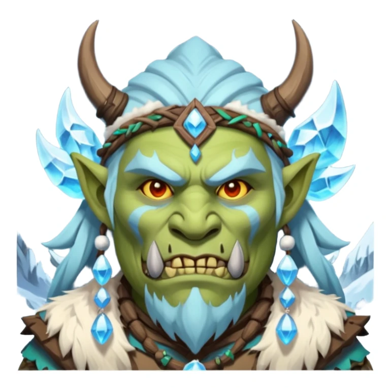 Fantasy Christmas orc shaman icon, ice spirit magic theme, glowing runes, winter tribal mask elements, mystical cold atmosphere, emoji sized portrait, male/female variant
 sticker