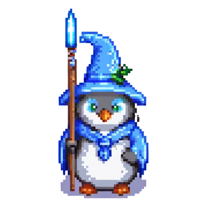 pixel art penguin wizard with a blue robe and a wand sticker