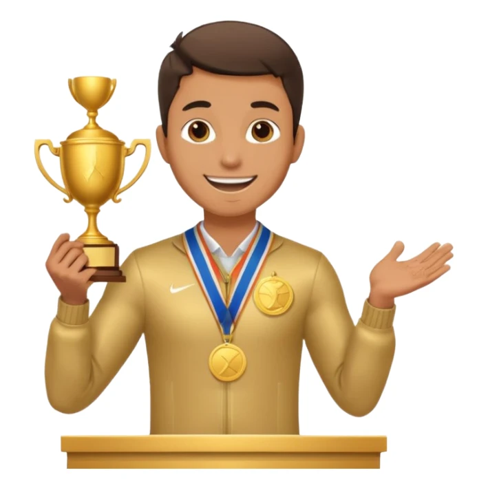 winner ceremony with one guy standing in a winner's podium and having a medal around his neck and holding a trophy sticker