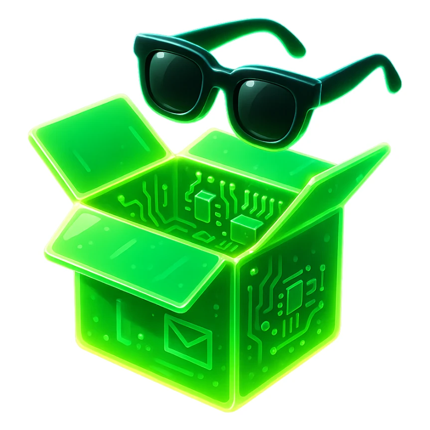 green neon delivery box opened, black sunglasses flying out, stylized with neon effects, dynamic composition sticker
